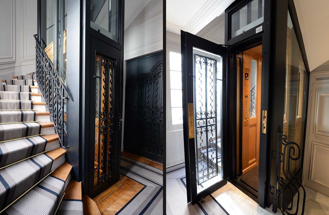 Rue Université — composition (cage + porte / cabine) — Drieux-Combaluzier